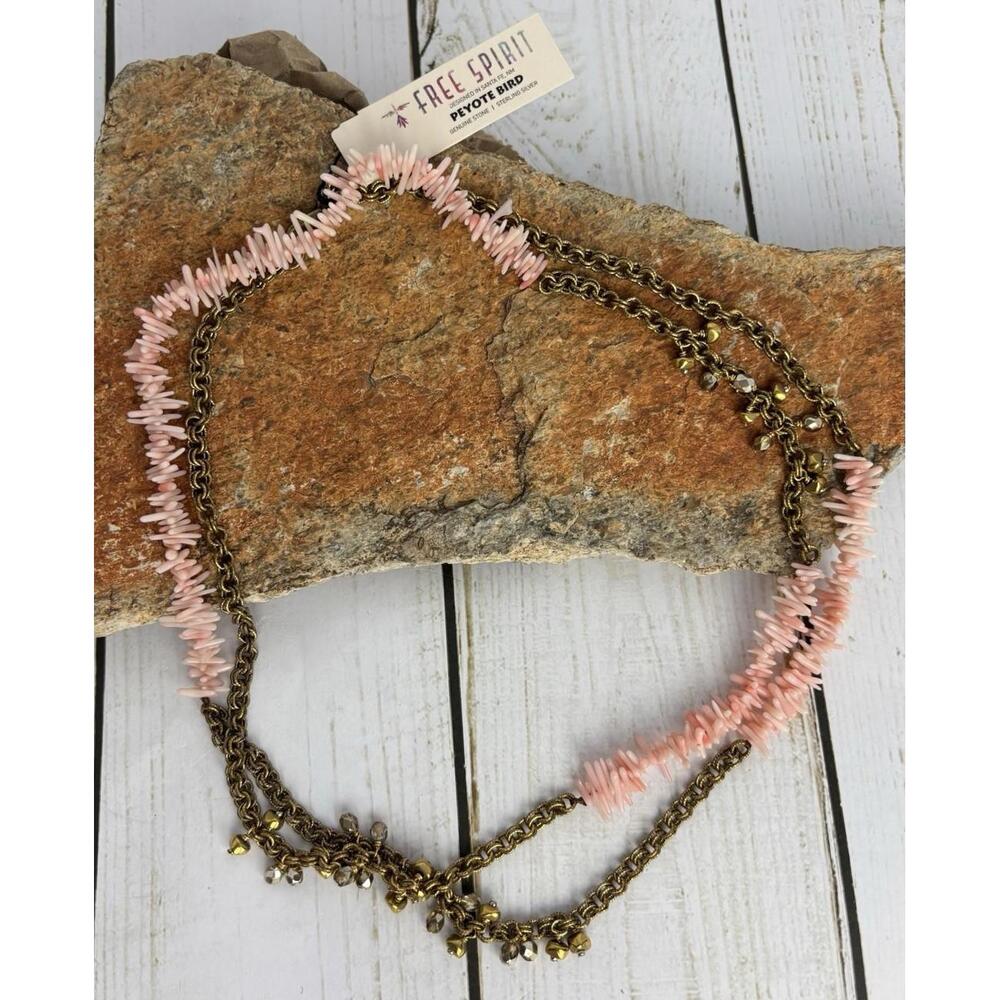 Peyote‎ Bird Pink Coral Brass Sterling Beaded Necklace J183